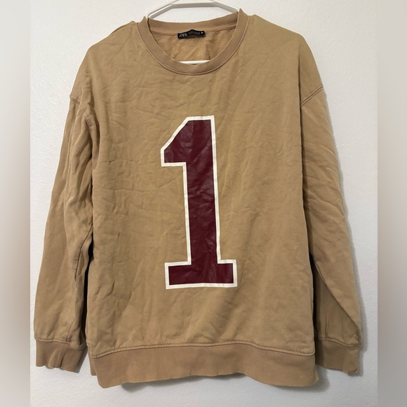 Zara Sweaters - Zara Tan Crewneck Sweater with Maroon Number